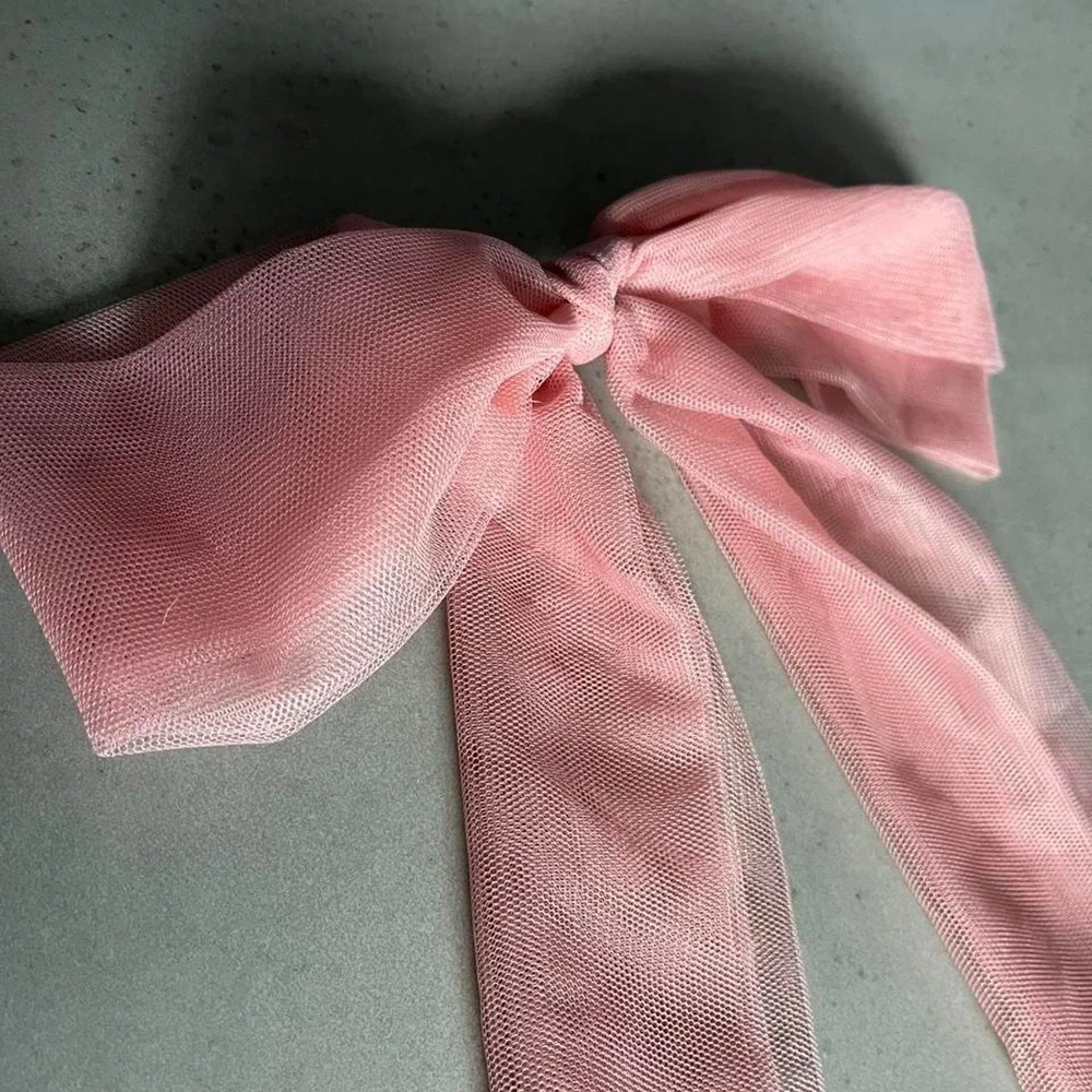 Baby Pink Preppy Tulle Mesh Hair Bow Long Tails Clip